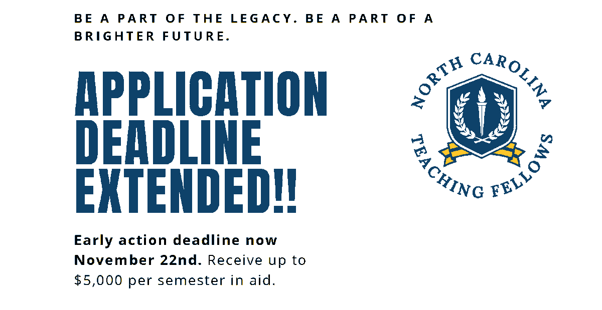 UNC_System's tweet photo. The North Carolina Teaching Fellows application deadline has been extended! Apply before November 22. Benefits include up to $5,000 per semester! π Visit the @NCTF_Program website to learn more: https://t.co/GDHOj9JGEV #nced https://t.co/uvTHeHBMy1
