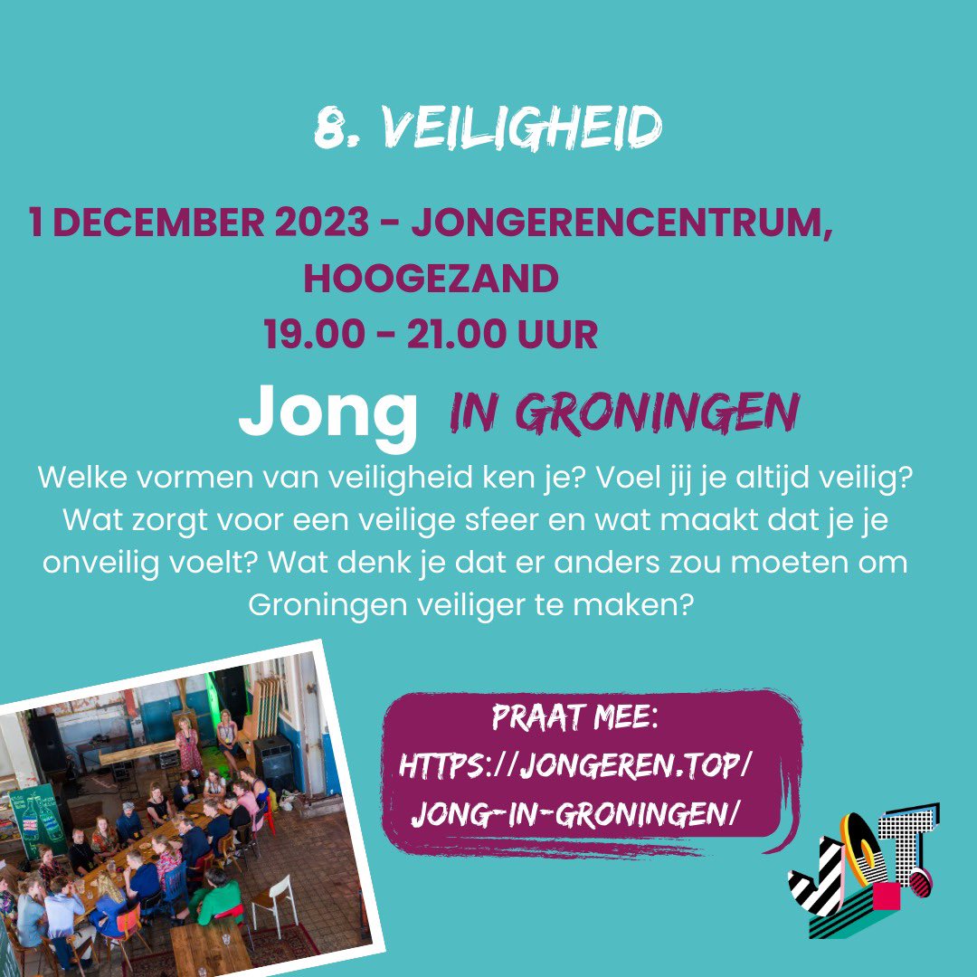 De komende weken staan er nog 5 sessies gepland. Jonge Groningers (16-27 jaar) gezocht die de toekomst van Groningen willen vormgeven! Doe mee en meld je aan op jongeren.top/jong-in-gronin…

(Max van 4 ploatjes… jammer ja. Sessie 5 is op 6/12 en gaat over Leren in de toekomst)