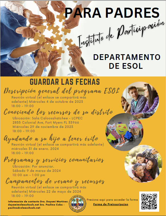 The Lee County School DIstrict and #VLMS invite you to join us for our Parent Engagement Institute provided by the ESOL Department. Upcoming Dates, times, and locations are listed on the flyers below!