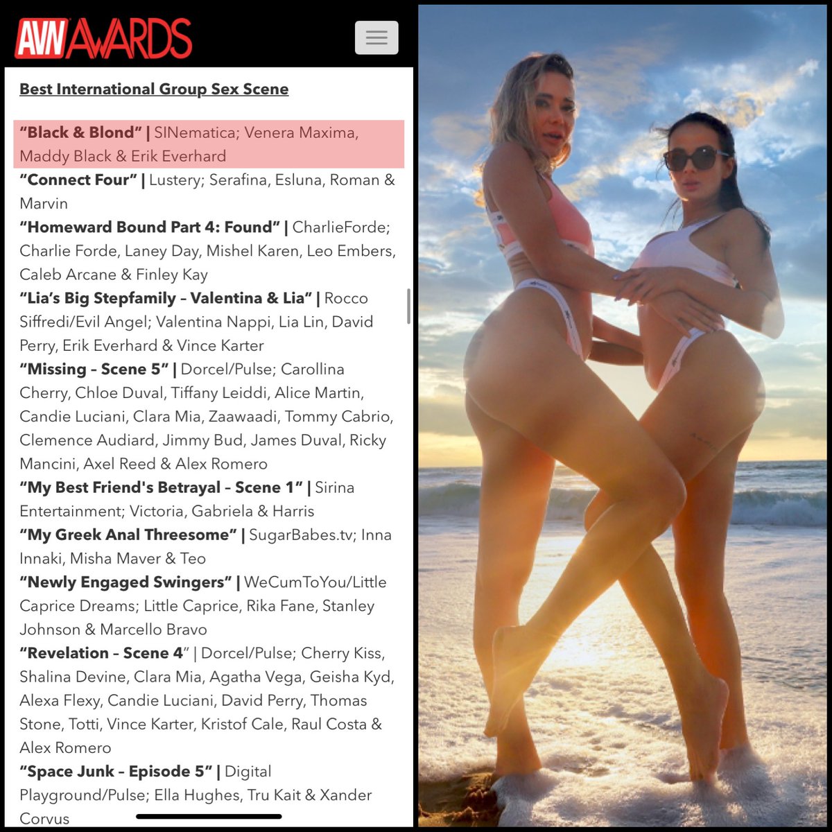 SinematicaBrand's tweet photo. Blessed With 2️⃣ Noms 🙏🏻 @AVNMediaNetwork @avnawards 🙌

_Best International Group Sex Scene
“Black &amp; Blond” @VeneraMaxima69 @maddyblack_1 @ERIK_EVERHARD 

_Best International Anal Sex Scene 
“The Spanish Anal Lesson”
@Aliciatrece13 @ianscottx 

Congrats To All Nominees! https://t.co/qUYo4CxIWt