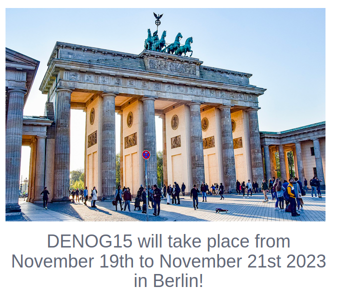#init7 will participate #Denog15.
If you would like to talk to us about the infrastructure and connectivity options, especially in Switzerland, please feel free!
We are looking forward to seeing many great people from our community again in person in Berlin! 
only 3 days left🐇🥳
