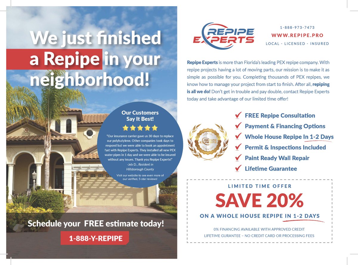 RepipeExperts's tweet image. Dealing with any of these issues at home?

➡️ Polybutylene failure
➡️ Failed home inspection
➡️ Insurance requirements for pipe replacement
➡️ CPVC breaks
➡️ Slab leaks
➡️ Copper pin holes
➡️ Low water pressure
➡️ Rusty water

If so, contact Repipe Experts today!