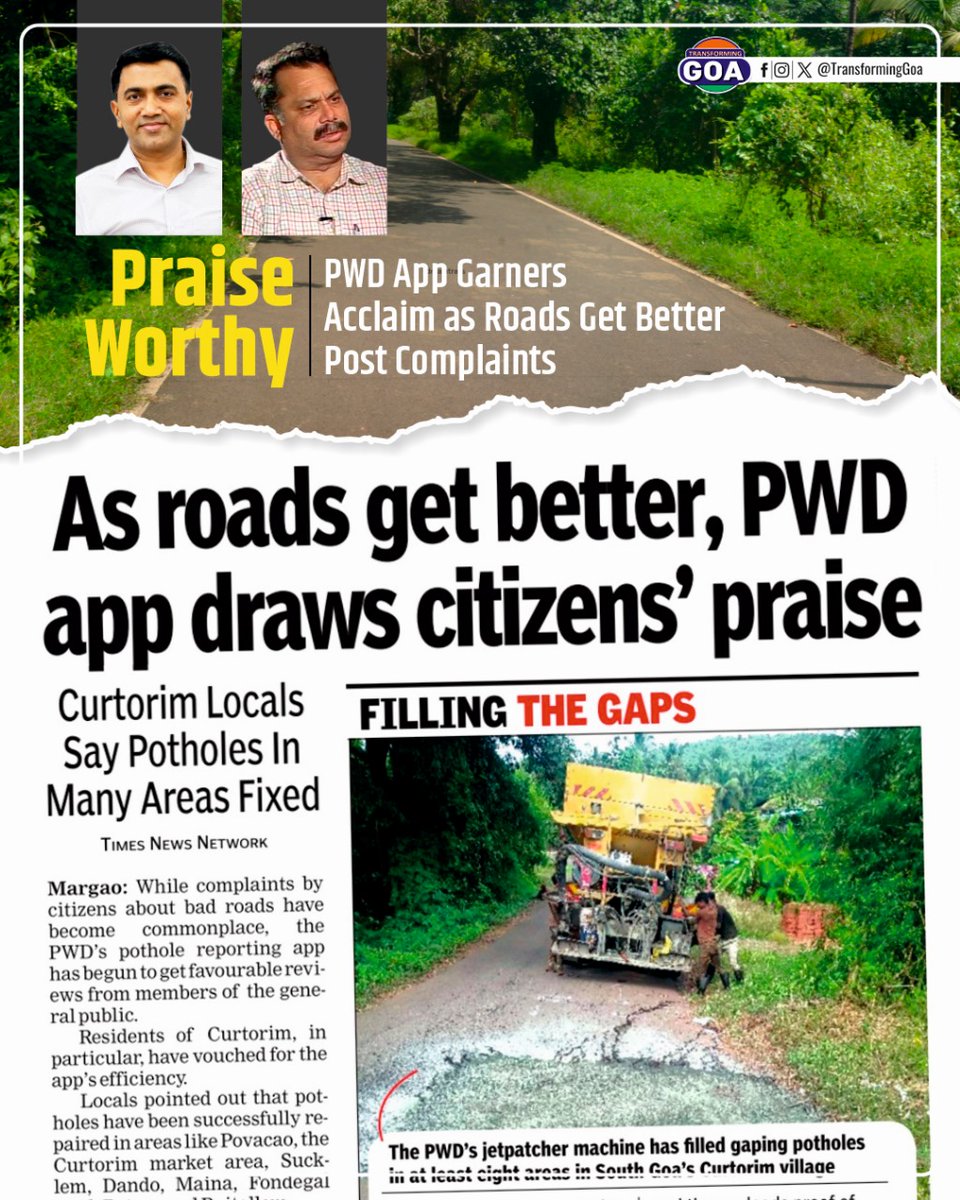 TransformingGoa's tweet photo. PWD App Garners Acclaim as Roads Get Better Post Complaints
#goa #GoaGovernment #TransformingGoa #facebookpost #bjym #bjymgoa #PWDAppPraise #BetterRoads
#RoadImprovement #ComplaintsResolved
#InfrastructureSuccess #EfficientPWD
#HappyCommuters #ThankYouPWD https://t.co/lLfxz34Bhp