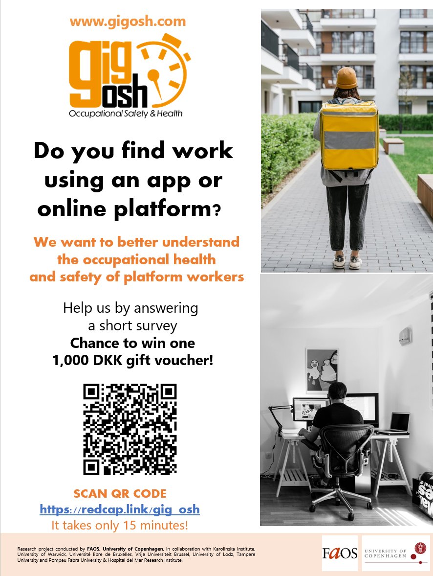 Do you find work using an app or online platform? At @FAOSdanmark University of Copenhagen we want to better understand the occupational health and safety of platform workers. Help us by answering a short survey: redcap.link/gig_osh #platformwork #platformeconomy