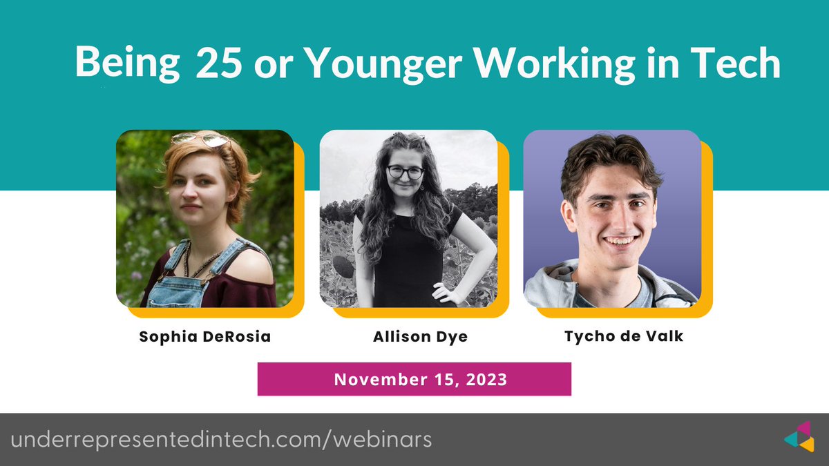 UnderRepdInTech's tweet image. Today&apos;s the day!   

Join us for:   

Being 25 or younger working in tech

Premiering today!  

With Allison Dye
@Erin_Go_Blog
@tychodevalk

Hosted by Allie Nimmons    
underrepresentedintech.com/webinars 
#InclusionInTechSeries #UITWebinars