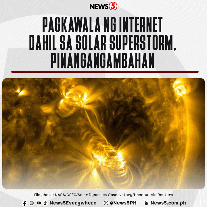 News5PH's tweet photo. INTERNET APOCALYPSE

'Yan ang pinangangambahang mangyari sa posibleng pagtama ng #solarsuperstorm.

Ayon sa mga scientist sa Amerika, ang solar superstorm ay nangyayari kapag sobra-sobra ang inilalabas na enerhiya ng araw sa pamamagitan ng solar flares nito.  #News5 https://t.co/zEsgwwcxsP