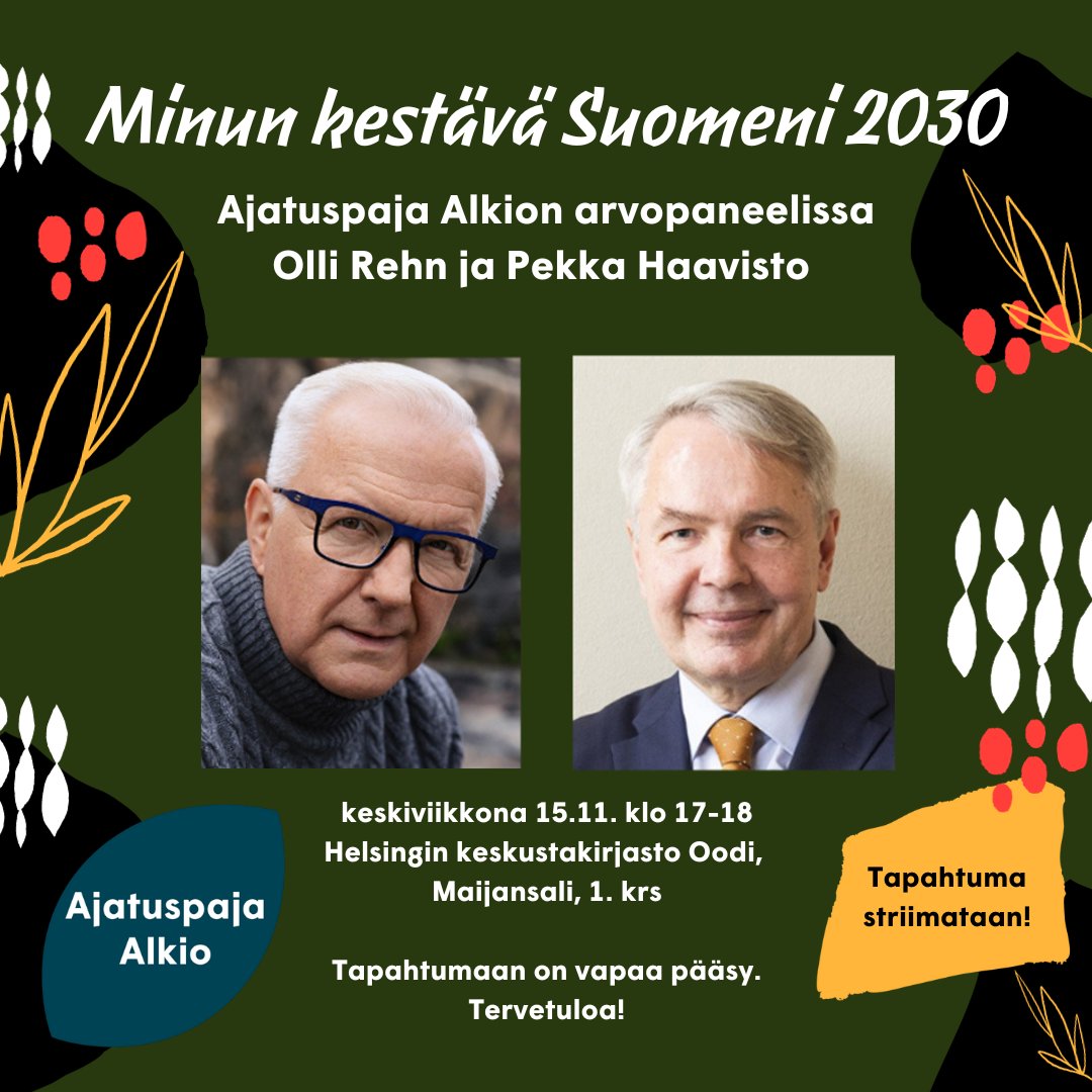 Vielä ehdit mukaan! Presidenttiehdokkaat Olli Rehn ja Pekka Haavisto arvopaneelissa Minun kestävä Suomeni 2030. Tervetuloa Helsingin keskustakirjasto Oodin Maijansaliin ke 15.11. klo 17-18. Vapaa pääsy. Striimi: youtube.com/watch?v=EuLsYx… #presidentinvaalit2024 @ollirehn @haavisto