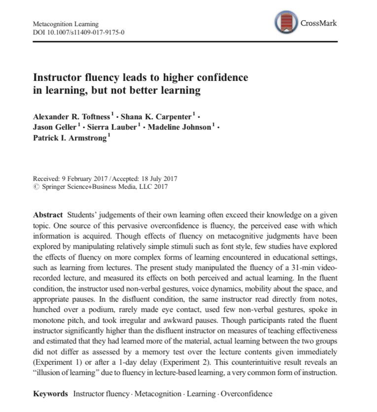 emollick's tweet image. The liking-learning gap, what students like is not what they learn from:
📊We like graphics, but fun slides hurt long-term recall (boring ones help)
🧑‍🏫We think we learn more from slick lecturers, but we don't
🍪 When given cookies in a final class, we report we learned 20% more