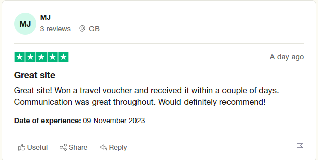 PrizeDrive's tweet photo. The triumphant victor of last week's prize, a £500 TUI voucher, is Miriam, who shared her celebratory review on Trustpilot. A big congratulations to her!

Enter this week's competitions here >>> https://t.co/va6yNpfOpF

#WINNER #winholidays #freeentry https://t.co/xlGeXj64RH