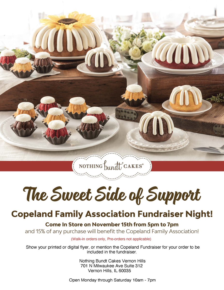 Did you know November 15th is National Bundt Day?!Nothing Bundt Cakes - Vernon Hills (701 N Milwaukee Ave Ste 312, Vernon Hills, IL 60061) Visit Nothing Bundt Cakes on 11/15 5-7pm
* All CFA dine-and-donate fundraisers are optional