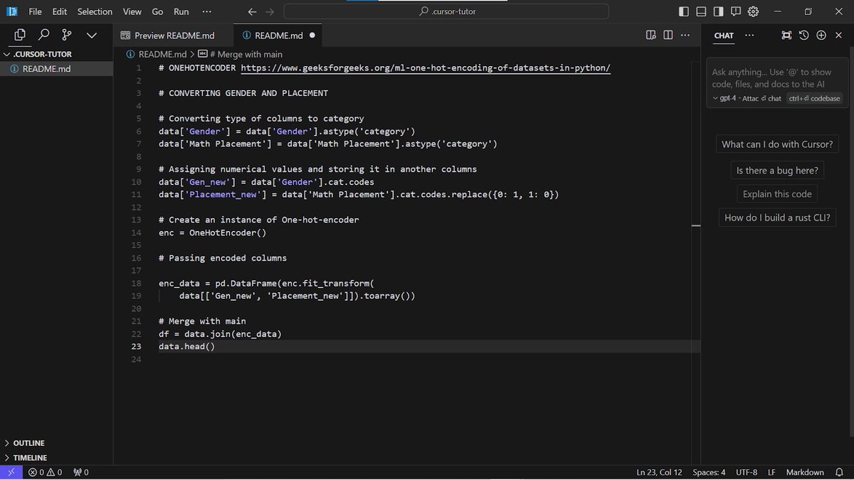 Super excited to try cursor cursor.sh an AI-first code editor! 🚀 👯‍♀️ Pair-programming, 📄 Creates documentation 👩‍🏫 Explains code 🧑‍💻 Generates code snippets The future of programming! Seriously considering a switch from VS Code #AIcoding #EDM #Learninganalitics