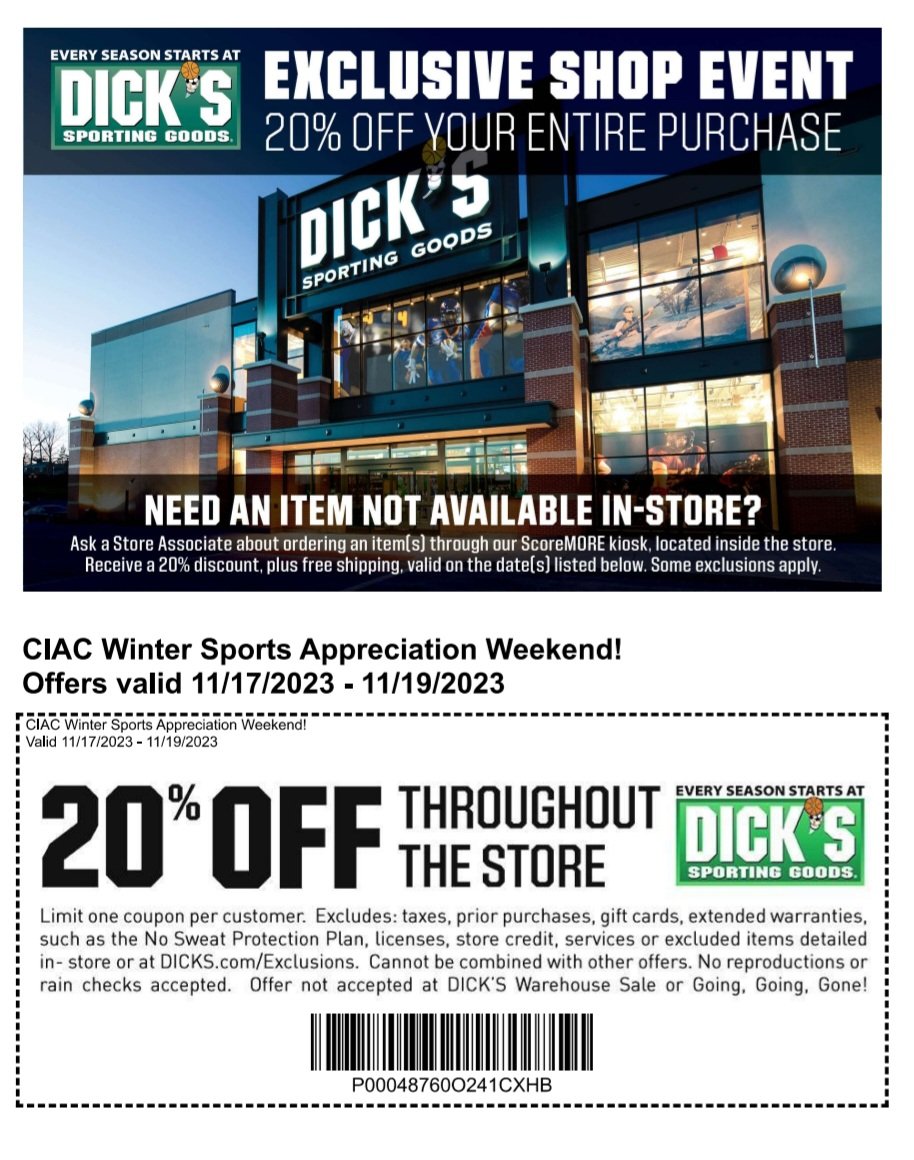 For the first time, the CIAC has partnered with Dick's Sporting goods for Winter Sports Appreciation Week. Enjoy this 20% off coupon this Fri-Sun! 
<a href="/DerbyRedRaider/">Derby High School</a> <a href="/RedRaiderCT/">MaskedRedRaider</a> <a href="/Irving_School/">Irving School</a> <a href="/DerbyMiddle_CT/">Derby Middle School</a> <a href="/Bradley_School/">Bradley School</a> <a href="/RedRaiderCT/">MaskedRedRaider</a> <a href="/derbypssuper/">Matt Conway</a>