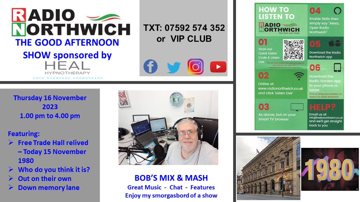 bigbobprice's tweet photo. Two shows on @RadioNorthwich this week. Tomorrow is my usual show between 1.00 pm and 4.00 pm and then Saturday between 3.00 pm and 6.00 pm, both shows sponsored by @healhypnothera1. Usual features in these smorgasbords of shows. Hope you can join me. https://t.co/Zk2m5QwCH6