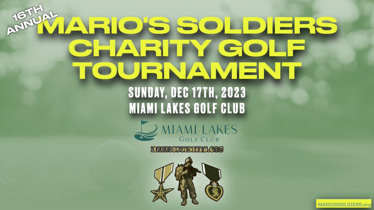 Ready to hit the links for a good cause? ⛳️🏆 The 16th Annual Mario's Soldiers Charity Golf Tournament awaits you on Dec 17th. Join us at Miami Lakes Golf Club and support our veterans! Sign up now ➡️ mariossoldiers.org 

#GolfForGood #MarioSoldiersCharity