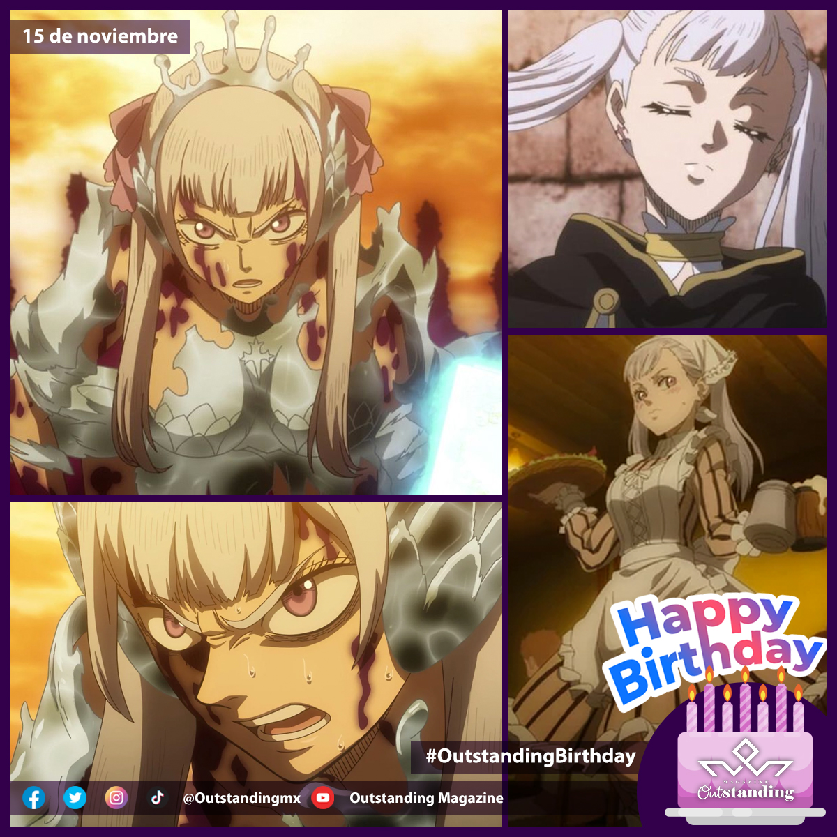 Outstandingmx's tweet photo. En el cuartel de los #TorosNegros estamos de fiesta.
🎂 ¡#TanjoubiOmedetou, Noelle Silva! 🥳
Noble del Reino del Trébol perteneciente a la realeza. Es un Caballero Mágico de 3ª Clase.
#OutstandingAnimeBirthday #OutstandingBirthday #OutstandingAnime #Anime #Manga #BlackClover https://t.co/BsGv15EzSo