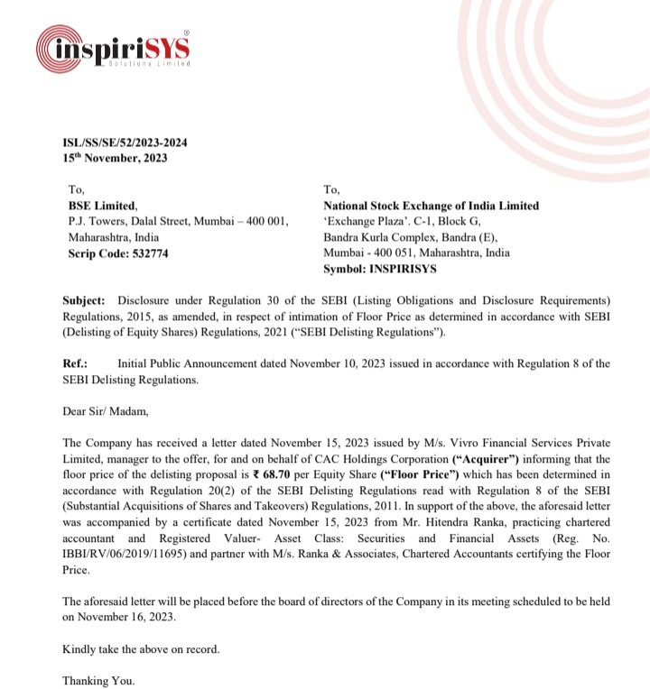 Inspirisys solutions limited 

Strictly shareholders should vote against this resolution 

Delisting offer price : 68.7
Current share price : 89.1