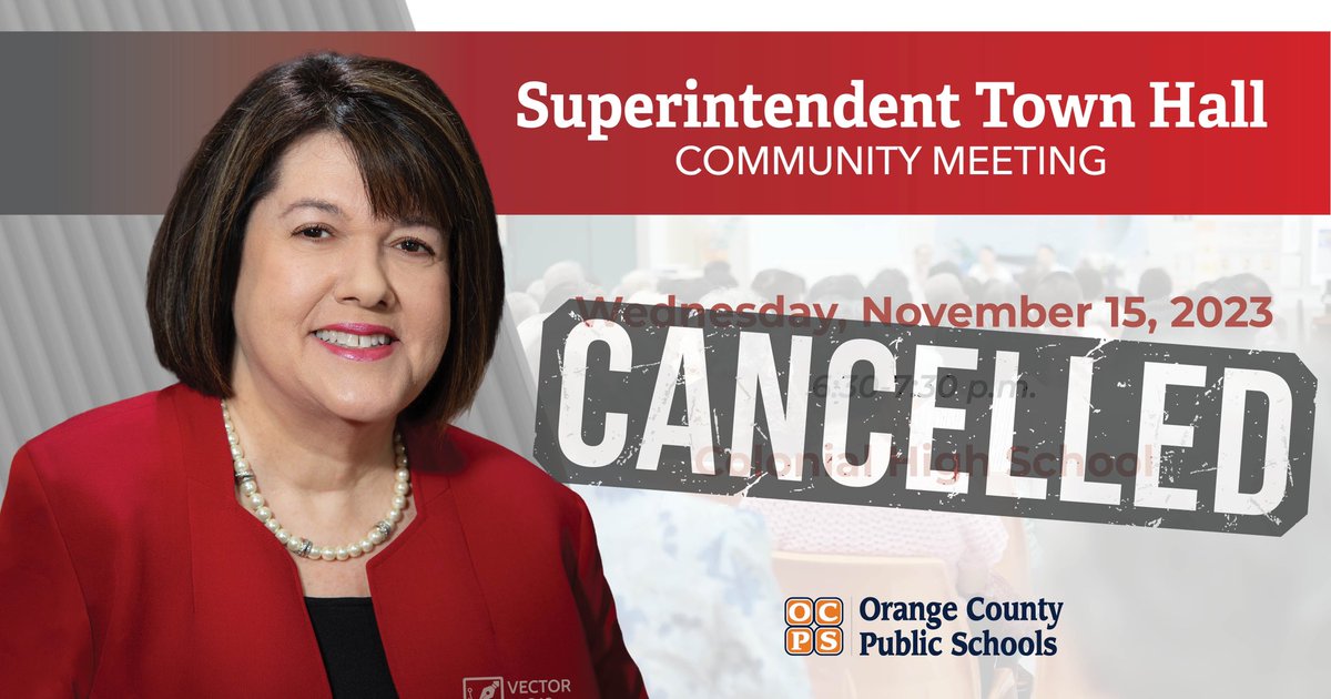 Attention OCPS families, 

The Superintendent Town Hall Community Meeting tonight at Colonial High School has been cancelled. If a new date is announced, we will let you know on our social pages and at ocps.net.
