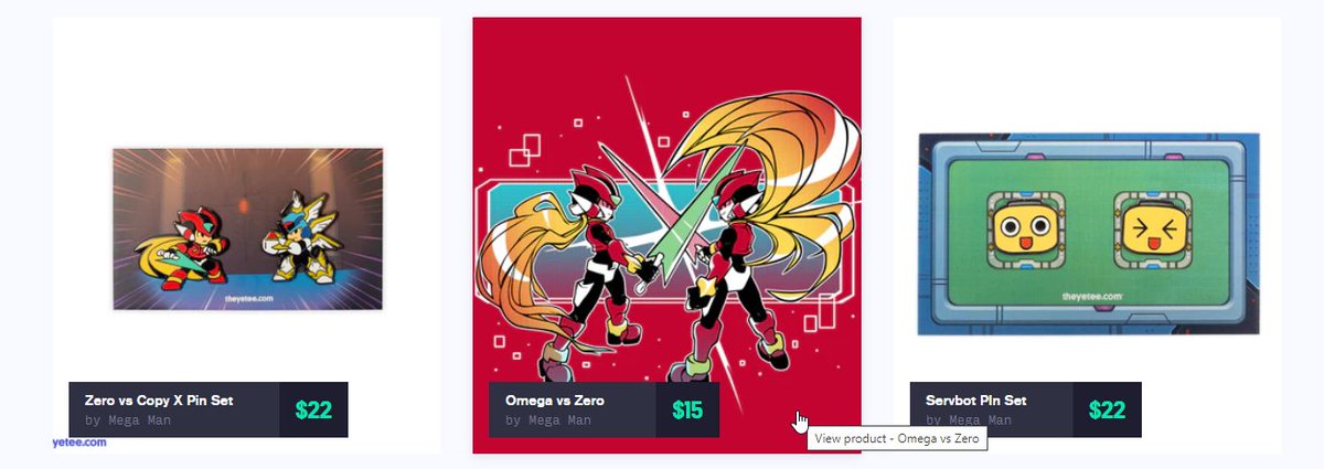 MegaMan_NeXus's tweet photo. Fans of the Zero series get to drool over this gorgeous art of Omega vs Zero on a red tote, and Zero vs Copy X pins! 

Legends fans aren't left out, either! These adorable Servebot pins are just the cutest. 

There are a lot of MM designs up on The Yetee --Check 'em out! https://t.co/1DJBpyq3Sy