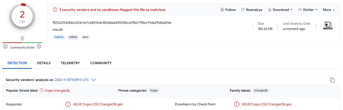 Ever wanted to take another look at #OperationTriangulation malware? Then check out VirusTotal - we have uploaded malicious modules used in this campaign. virustotal.com/gui/file/ff2f2… virustotal.com/gui/file/7e779… virustotal.com/gui/file/c2393… virustotal.com/gui/file/ff2f2…