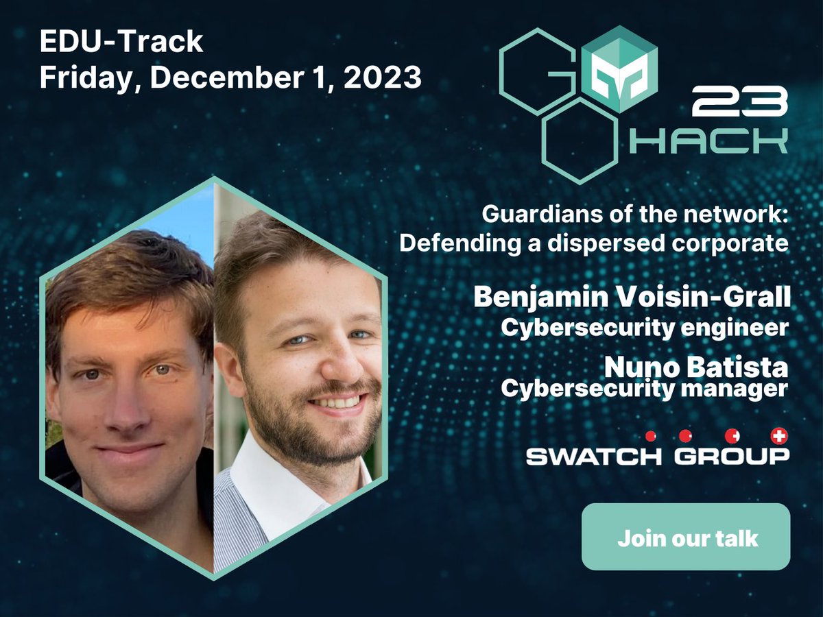gobugfree's tweet photo. 🔐 Dive into #cybersecurity with @Swatch Group at #GOHack! Benjamin Voisin-Grall &amp; Nuno Batista share insights on defending complex networks. Don’t miss their talk in our #GOHack #EDUTrack 🌍🛡️

#SwatchGroup #InfoSec #Cybersecurity #GOHack23 #EDUTrack

https://t.co/IrCiwcjzFN https://t.co/0TOowWqpDj
