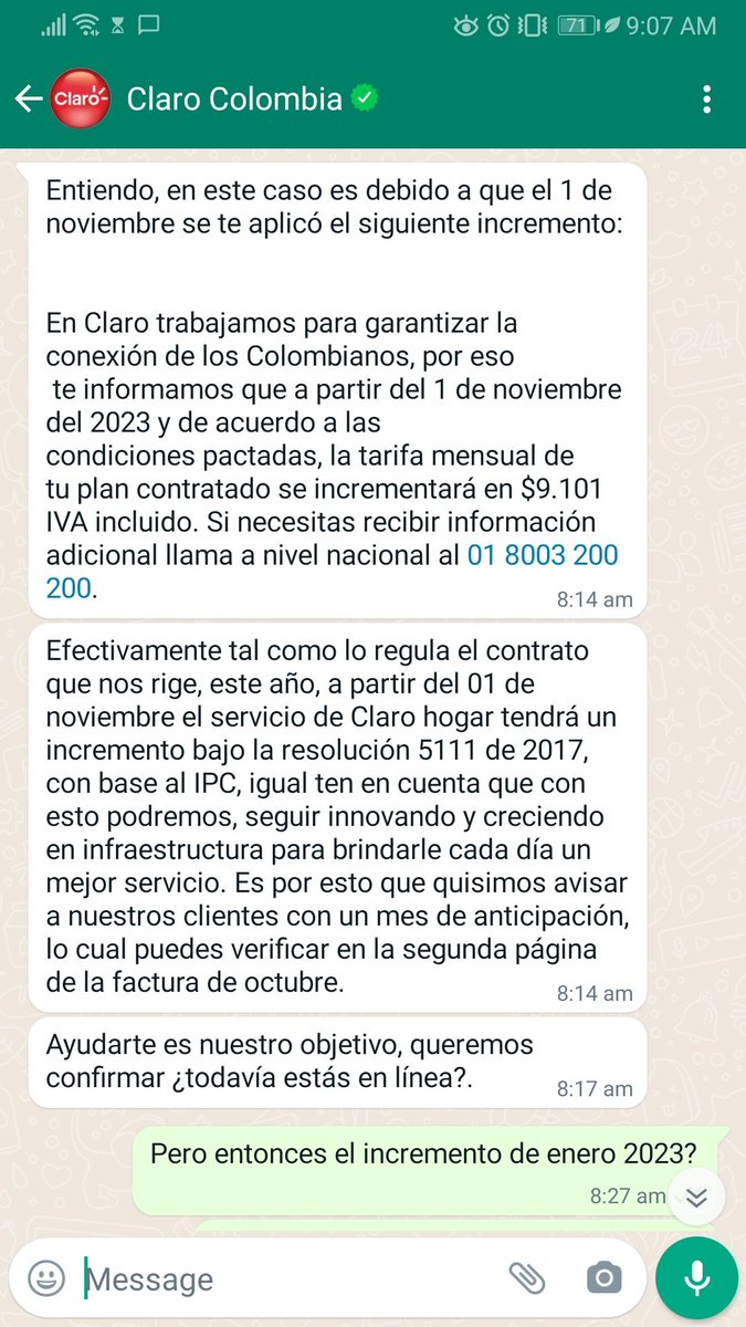 alejiu's tweet photo. Cuántas veces en el año se debe incrementar la factura de @ClaroColombia? @Superservicios @Ministerio_TIC claridad y sobre todo teniendo en cuenta que en enero de este año incrementaron, me dicen que 1 noviembre volvieron a incrementar de acuerdo a IPC, esto es legal? https://t.co/KYRZJwclVS