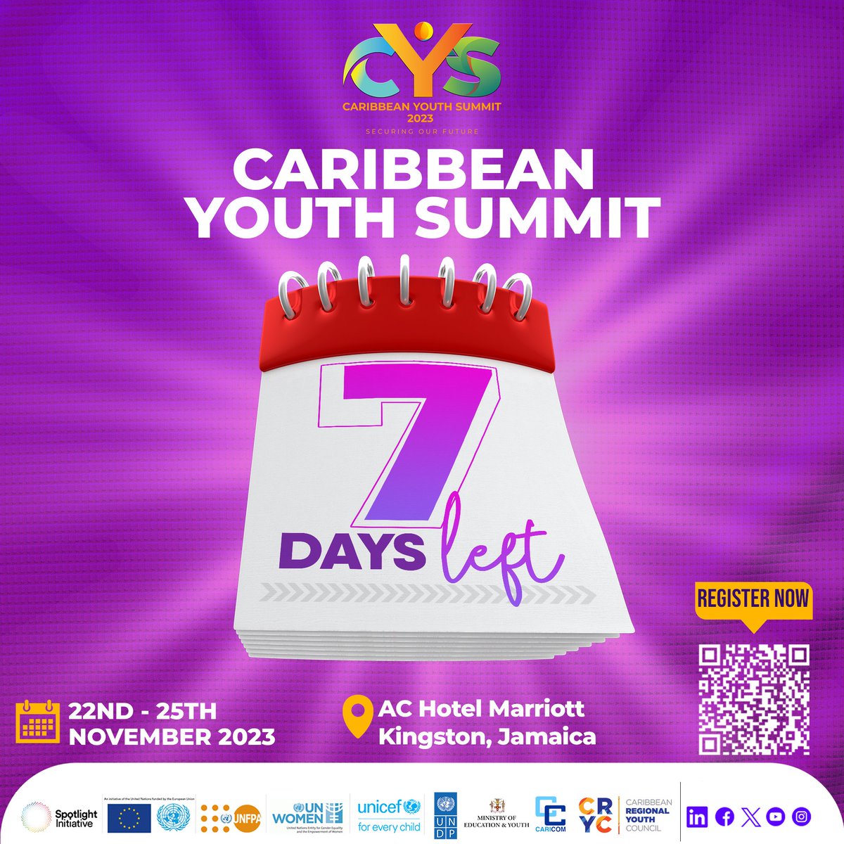 CARICOMorg's tweet photo. ⏳The Countdown is on for the Caribbean Youth Summit 2023
✨Have you registered as yet?
📅22 - 25 Nov 2023
📍AC Hotel Marriott, Kingston 🇯🇲
🗒️Theme: Securing Our Future 
📲 Register now: https://t.co/tzXajHN5dG
🇦🇬🇧🇸🇧🇧🇧🇿🇩🇲🇬🇩🇬🇾🇭🇹🇯🇲🇲🇸🇰🇳🇱🇨🇻🇨🇸🇷🇹🇹🇦🇮🇧🇲🇻🇬🇰🇾🇹🇨

#CYS2023 #CARIBYUTE https://t.co/IbtZbnzy7j