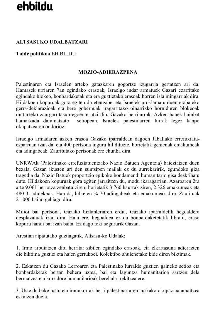 Altsasuko Udala Palestinan gertatzen ari den sarraskiaren aurrean posizionatzeko mozioa aurkeztuko dugu.
Palestina aurrera! 🇵🇸
EHBildutik elkartasun osoa!
————————-
Vamos a registrar en el ayuntamiento de Altsasu esta moción y posicionar al Ayuntamiento ante esta barbarie.
