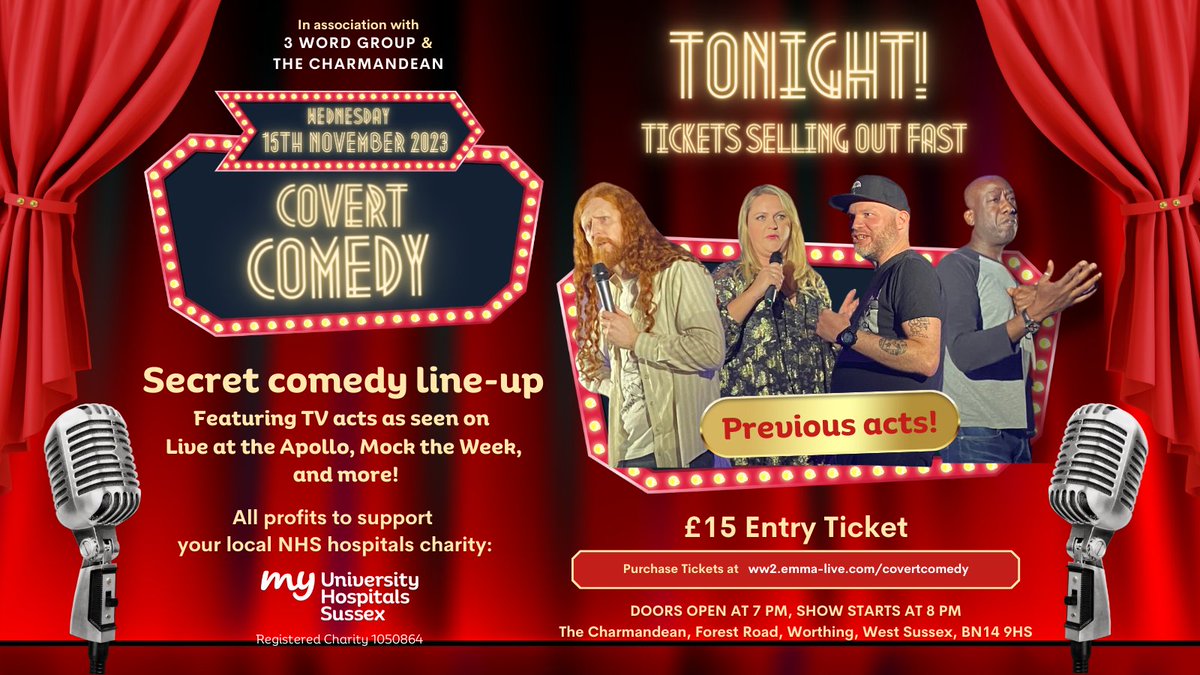 ⭐️TONIGHT'S THE NIGHT!⭐️
Get ready to turn your mid-week blues into laughter hues because Covert Comedy Night is happening TONIGHT at @TheCharmandean #Worthing with comedians from TV's 8 out of 10 Cats, Mock the Week and more! Tickets➡️ bit.ly/CovertComedy or on the door🤩