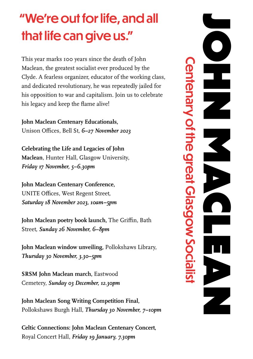 Henbell's tweet image. It is 100 years since the death of the great  revolutionary, anti-imperialist &amp;amp; working-class leader John Maclean.   And there are a whole host of events marking his life and engaging with the battles he fought and which we still fight today.    For more info please get in touch!