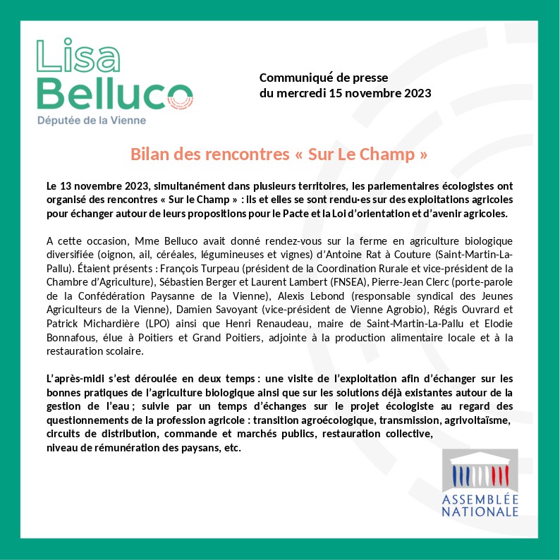 LisaBelluco's tweet photo. 🧑🌾🚜 Retour sur la rencontre #SurLeChamp de ce lundi, en compagnie de nombreux·ses acteur·rices de l'agriculture en Vienne. Encore merci à elles et eux d'avoir répondu si nombreux·ses à mon invitation. 🙏 https://t.co/U5LsRJqayh