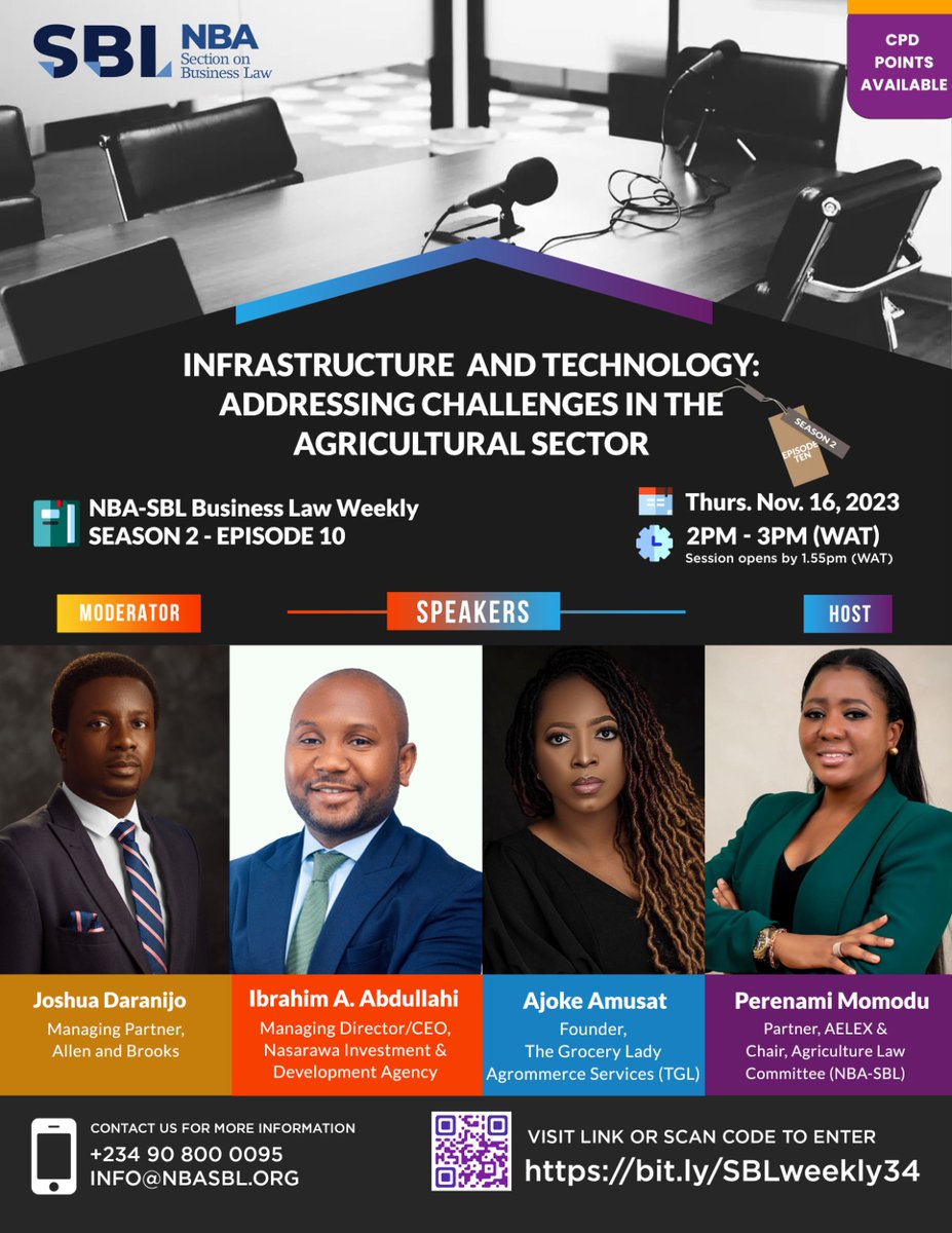 allenandbrooks's tweet photo. We are pleased to announce that our Managing Partner, Joshua Daranijo, will be moderating the Nigerian Bar Association Section on Business Law (NBA SBL) Business Weekly Webinar, tomorrow, November 16, 2023.

1/2 https://t.co/iJTjgUT4XO