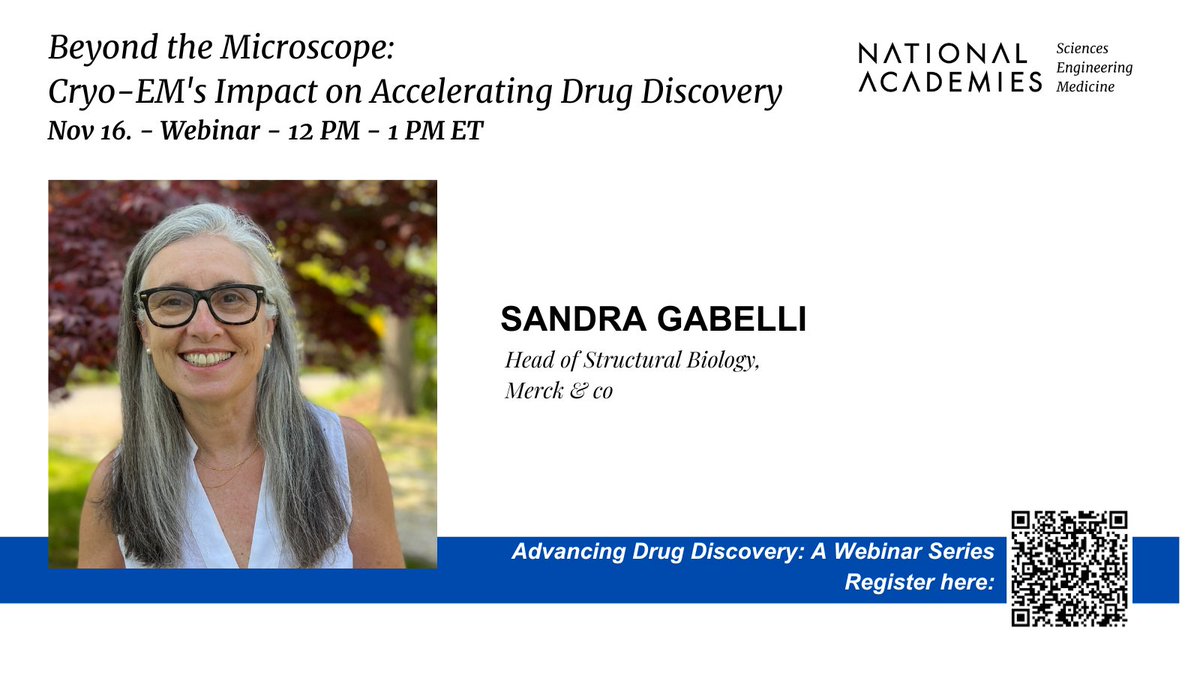 NASEM_BISO's tweet photo. Tomorrow: Hear from Sandra Gabelli describe the strategy and present examples were #cryoEM has impacted the pipeline at @Merck. Join the next webinar in our #DrugDiscovery series. 

🗓️ Thurs. 16 November
⏰12:00 pm (ET) / 4:00 pm (UTC)

Register: https://t.co/XSn38ffCWF https://t.co/NVMK3FE9KH