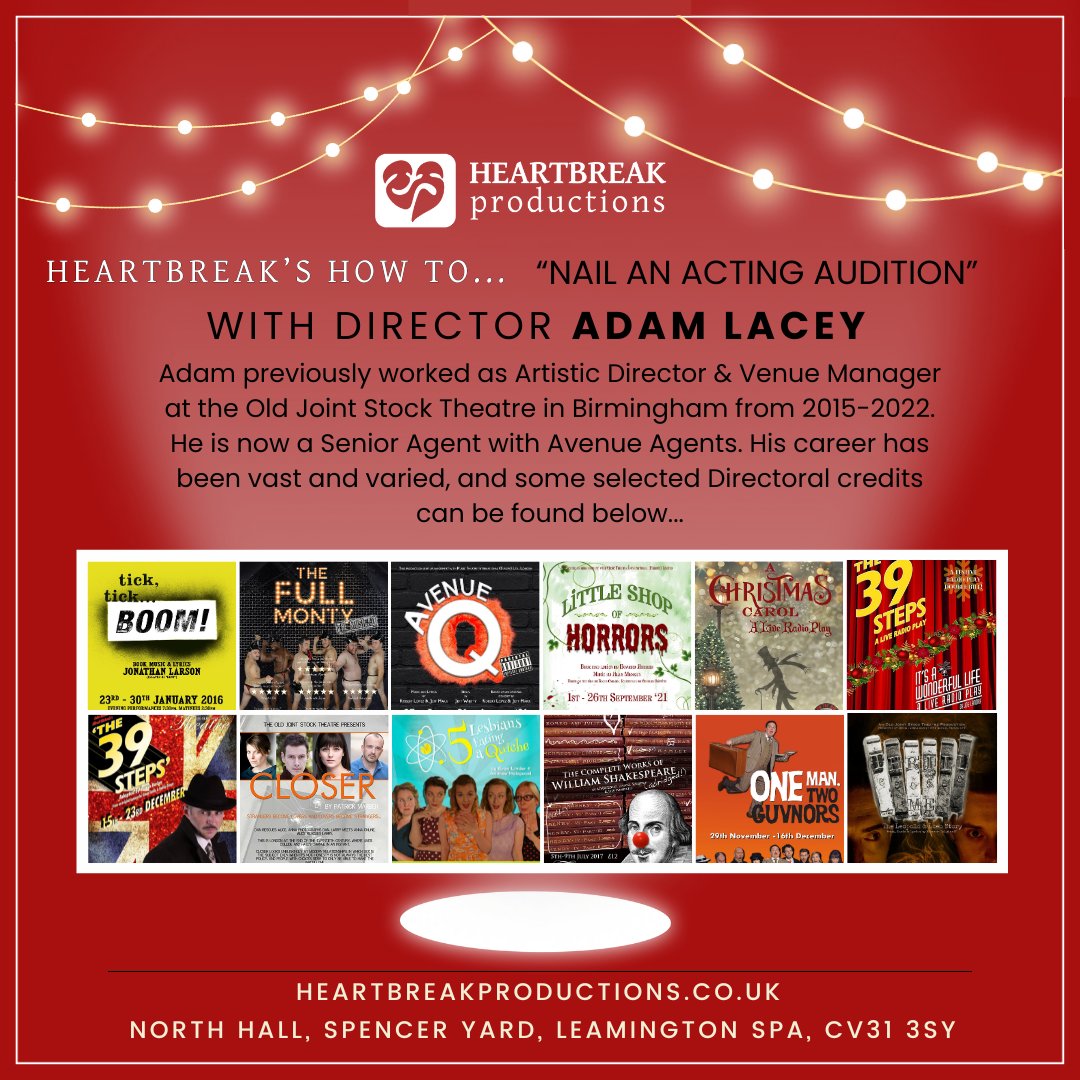 "How To... Nail An Audition" is coming to #Leamington! Director <a href="/adamjlacey/">Adam Lacey</a> will host the first of our "How To" series of Masterclasses at North Hall, Spencer Yard on Sat 27th Jan 2024. 

Tickets on sale next week - keep your eyes peeled! 😍
#masterclass #workshop #theatre #actor