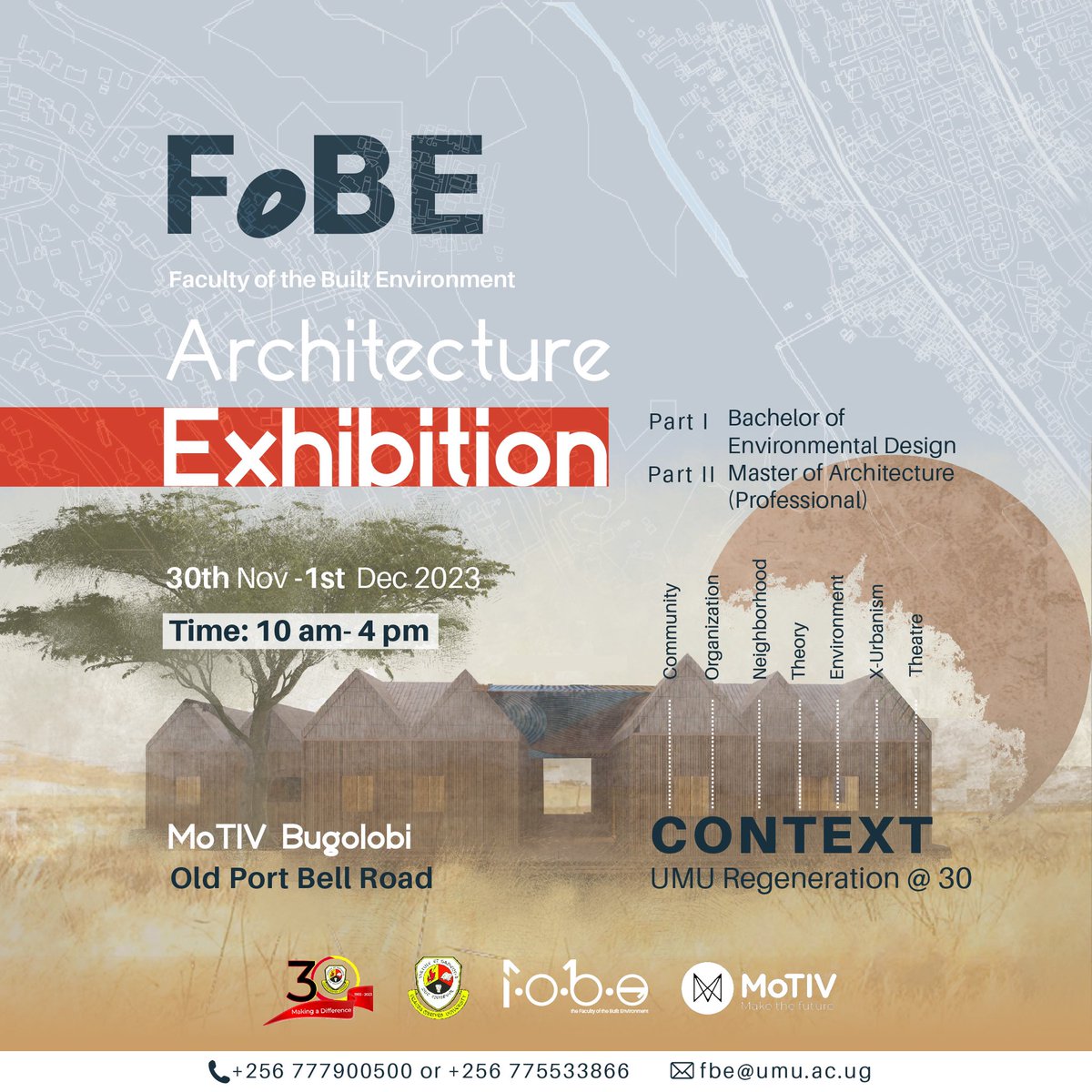 We would like to extend our invitation for the faculty’s Architecture exhibition for the Bachelor’s and Master’s Degree students of FoBE.

📍MoTIV Bugolobi 
📌30th November to 1st December

#architectural #fobe #ugandamartyrsuniversity #builtenvironment #archschool
