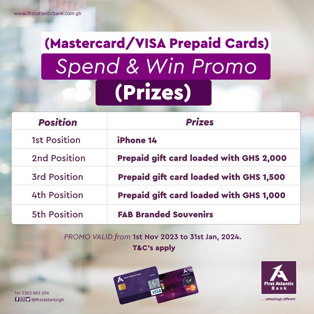 FirstAtlanticGH's tweet photo. Win amazing rewards for yourself when you pay online or via POS this festive season. Get your Mastercard/Visa Prepaid card today to enjoy the #PurpleXperience. Offer valid until 31st January, 2024. Ts&amp;Cs apply #refreshinglyDifferent #GoDigitalGoEasy https://t.co/6cMgMHPIfh