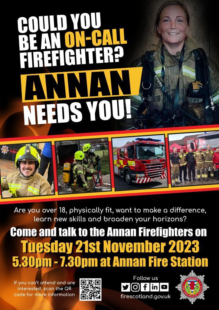 SFRS Dumfries & Galloway (@scotfire_dg) on Twitter photo ANNAN 👋
🔸Tuesday 21st November🔸
🔸5.30pm - 7.30pm🔸
Come and chat to your local <a href="/fire_scot/">Scottish Fire and Rescue Service</a> fire fighters, and see how you could become an On call firefighter and support your community! 🚒 ANNAN 👋
🔸Tuesday 21st November🔸
🔸5.30pm - 7.30pm🔸
Come and chat to your local <a href="/fire_scot/">Scottish Fire and Rescue Service</a> fire fighters, and see how you could become an On call firefighter and support your community! 🚒