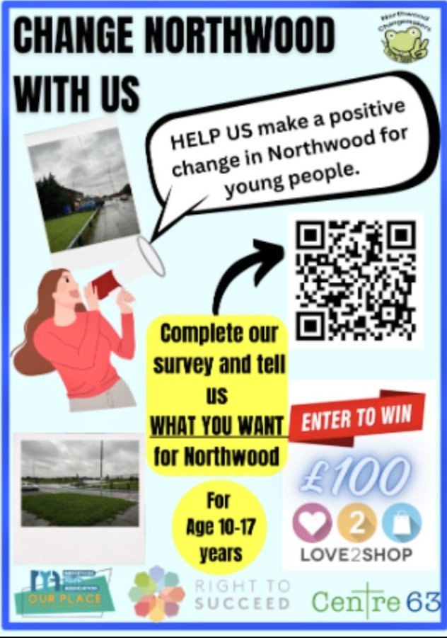 Please share far and wide with young people who live in or access Northwood in Kirkby! We want to hear your thoughts on what you want to change in Northwood! Complete and be in with a chance to win £100 voucher! @RightToSucceed @Centre63kirkby forms.gle/sWXcRuqyG9FMkc…