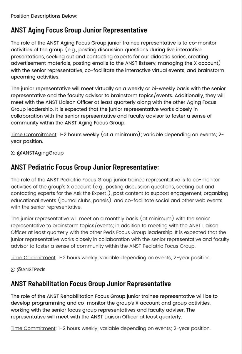 Are you a grad student with interest in aging, pediatric, or rehab neuropsych? APPLY NOW to be a junior rep for the <a href="/ANSTAgingGroup/">ANST Aging Focus Group</a>, <a href="/AnstPeds/">ANST Peds Focus Group</a>, or (new) ANST Rehabilitation Focus Group! See graphics for app requirements &amp; position descriptions! Due Friday 11/17 #NeuropsychTwitter