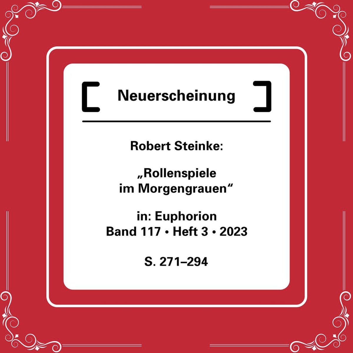 📖 Dr. Robert Steinke, Akademischer Rat am Lehrstuhl, hat in der aktuellsten Ausgabe der Zeitschrift "Euphorion" einen Aufsatz über Walthers von der Vogelweide Tagelied "Friuntlîche lac ein ritter" veröffentlicht.
➡️ Mehr dazu hier: instagram.com/p/Czlw_lnt51x/