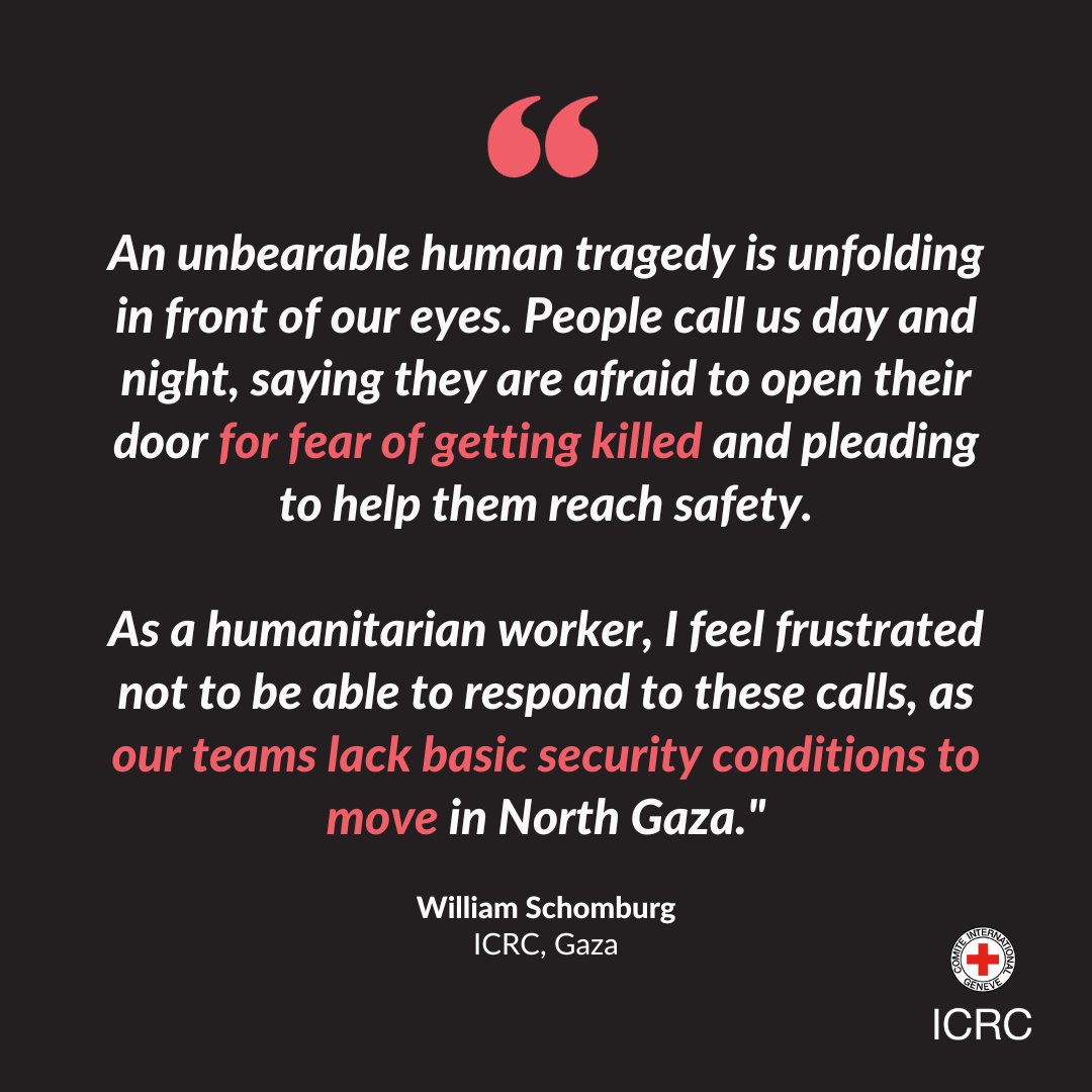 Across Gaza, we need security guarantees to be able to deliver life-saving assistance.

We stand ready to fulfill our role as a neutral intermediary &amp; support evacuations of medical facilities in Gaza, but this requires an agreement by the parties.