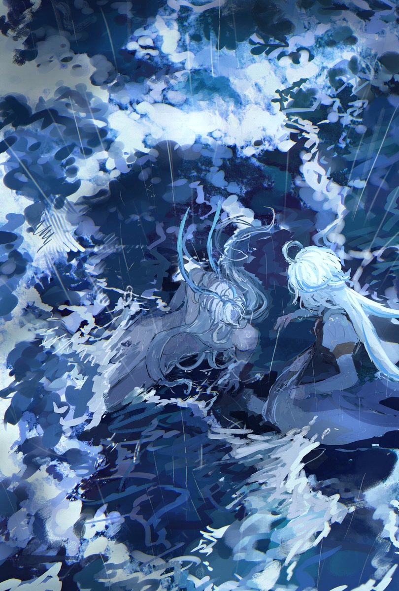 long hair rain white hair multiple girls 2girls ahoge water  illustration images