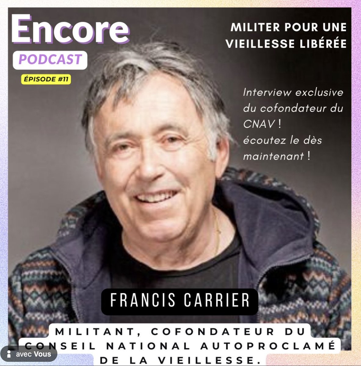 Interviewer les artisants de la vieillesse est une chance et de les écouter est un apprentissage  
Dans ce 11ème épisode, retrouvez Francis Carrier, militant, il défend la vieillesse comme il a mené tous ses autres combats
lnkd.in/eMnbJwnR