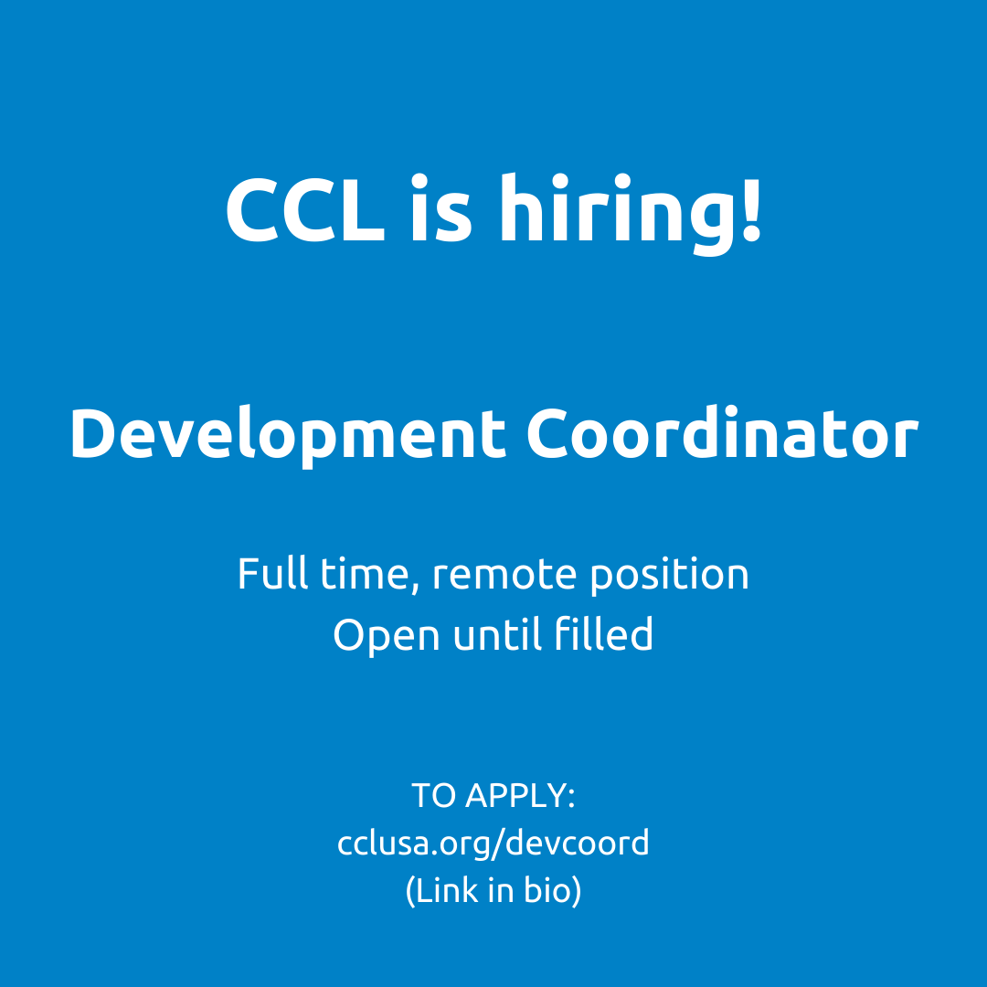 Join our incredible team of folks working to solve climate change. Citizens' Climate is hiring a full-time Development Coordinator. Learn more and apply at cclusa.org/devcoord