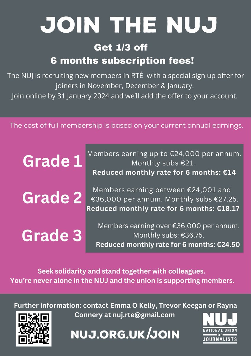 NUJDublinBroadcasting (@dublinnuj) on Twitter photo JOIN THE NUJ - Get 1/3 off 6 months subscription fees - offer available for new RTÉ members <a href="/NUJofficial/">NUJ</a> (more details below) JOIN THE NUJ - Get 1/3 off 6 months subscription fees - offer available for new RTÉ members <a href="/NUJofficial/">NUJ</a> (more details below)