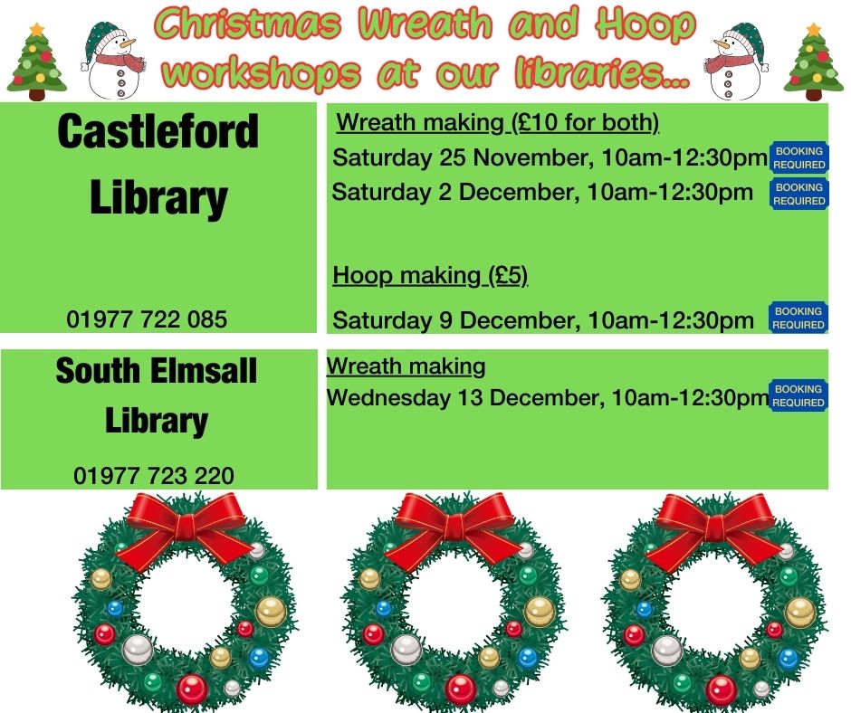 WFlibraries's tweet photo. 🎅Join us at #CastlefordLibrary and #SouthElmsallLibrary festive wreath and hoop-making workshops!
Booking required, visit or call the libraries to book.
#Wreathmaking #christmas #thingstodo #castleford #southelmsall @experiencewakefield @wakefieldmuseum #christmascountdown https://t.co/KSVvDwTxic