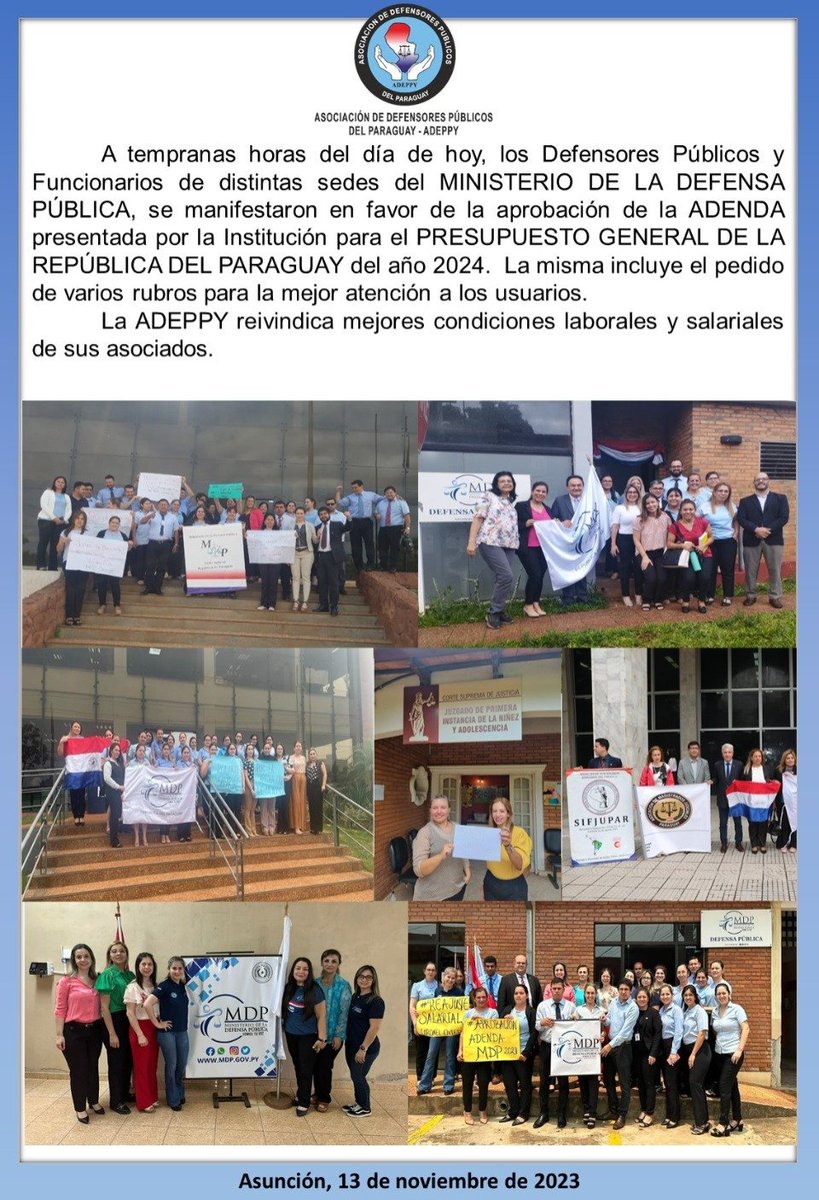 Defensores Públicos y Funcionarios de distintas sedes del MDP, se manifestaron en favor de la aprobación de la ADENDA para el PRESUPUESTO 2024.  La ADEPPY reivindica mejores condiciones laborales y salariales. <a href="/observapy/">El Observador</a> <a href="/SenadoresPy/">SenadoPy</a> <a href="/DiputadosPy/">Cámara de Diputados</a> <a href="/judicialesnet/">Judiciales.net</a> <a href="/MDP_py/">Defensa Pública Paraguay</a>