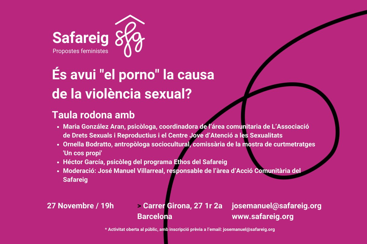 ElSafareig's tweet photo. 📢 És avui "el porno" la causa de la violència sexual? El dia 27 de novembre a les 19h, en el marc del #25N, parlarem sobre aquesta qüestió en una taula rodona. Per motius d'aforament cal inscripció prèvia. ➕https://t.co/oCuqq1H9pV https://t.co/JqZKw8rWMb