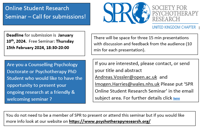 ImogenHarries's tweet photo. Great opportunity for PhD students to present their ongoing research in a very welcoming environment as part of our series of online seminars #TherapistsConnect https://t.co/swi7o4fYms
