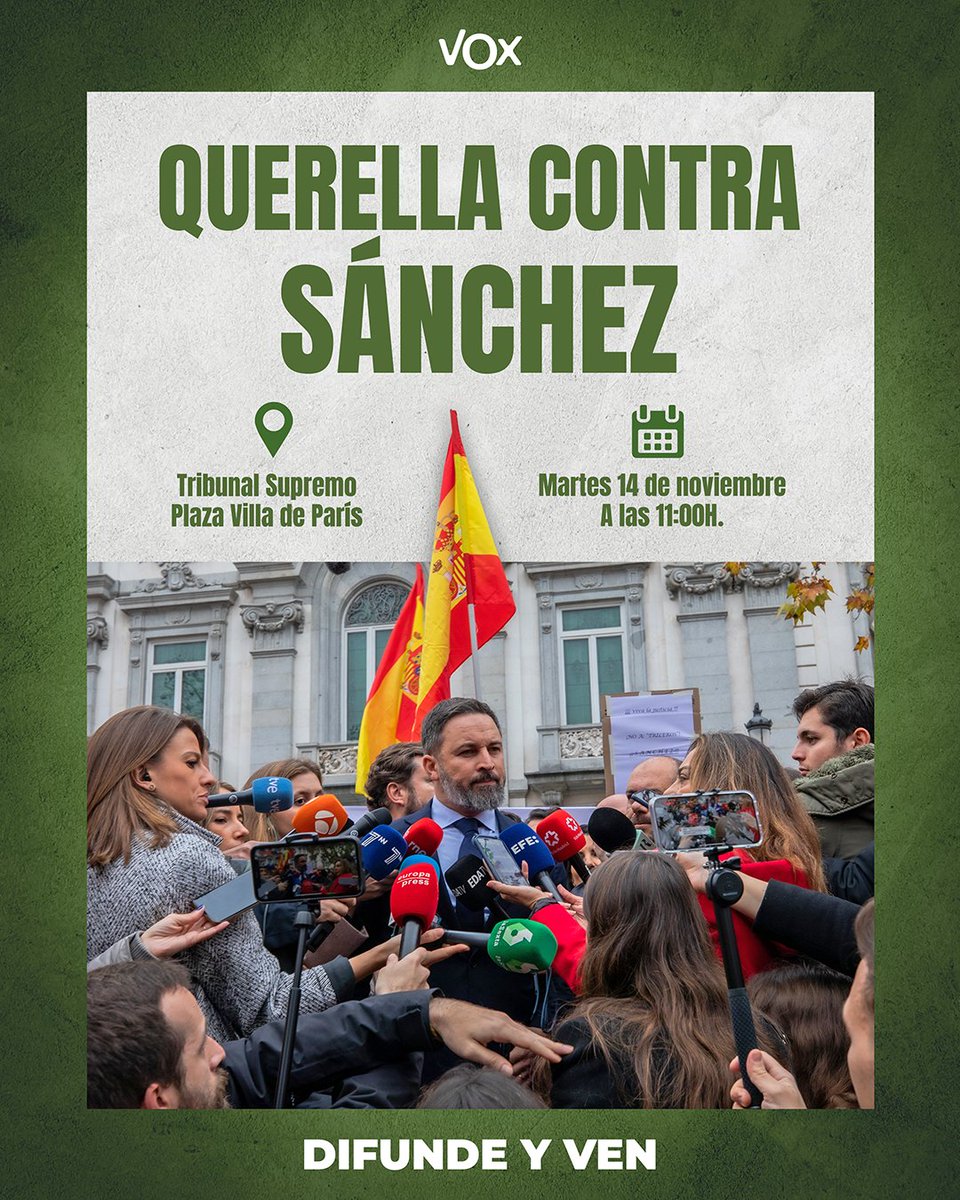 ‼ #URGENTE VOX presentará este martes una querella contra Pedro Sánchez en el TS y pediremos como medida cautelar que se suspenda el pleno de investidura.

Acompaña a <a href="/Santi_ABASCAL/">Santiago Abascal 🇪🇸</a> y a #Los33deVOX y difunde.

🗓 Martes 14 de noviembre.
⏰ 11:00
📍 Plaza de la Villa de París