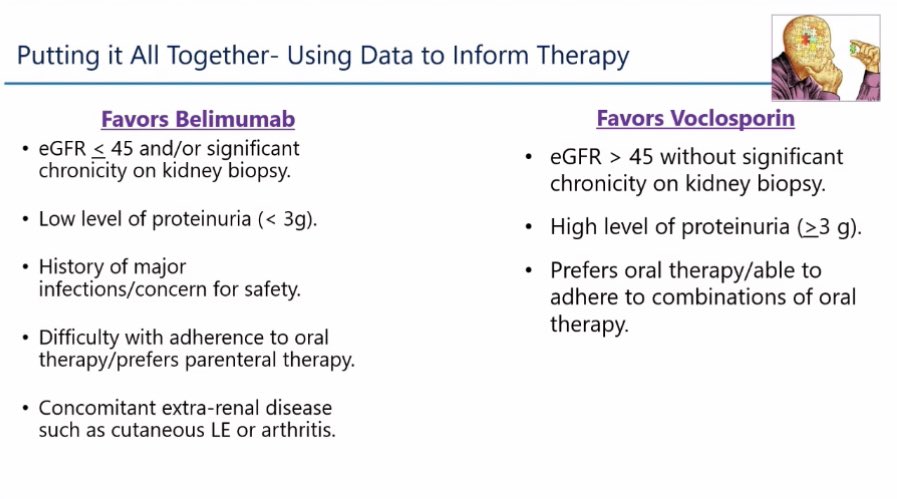 Helpful schematic from Dr Dall’Era re treatment for LN 👉🏻higher levels of proteinuria and egfr>45, favor voclosporin 👉🏻lower level of proteinuria, difficulty with adherence to oral therapy, favor benlysta 👉🏻data supports use of combination therapies EARLY #ACR23 #rheumtwitter